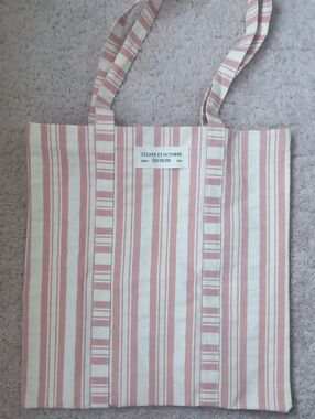Sezane Pink & Cream Striped Canvas Tote Bag